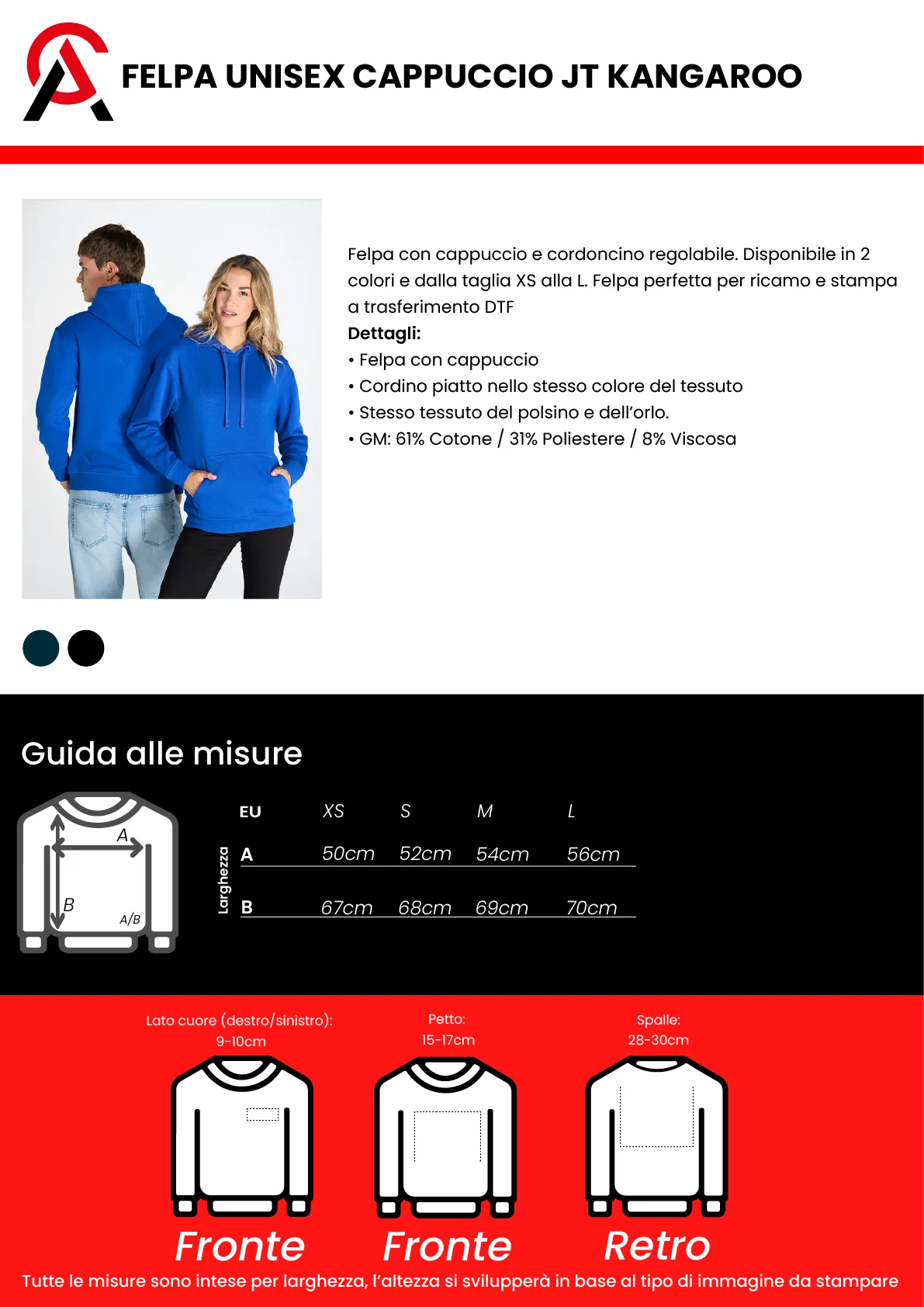 FELPA UNISEX CAPPUCCIO JT KANGAROO - immagine 4